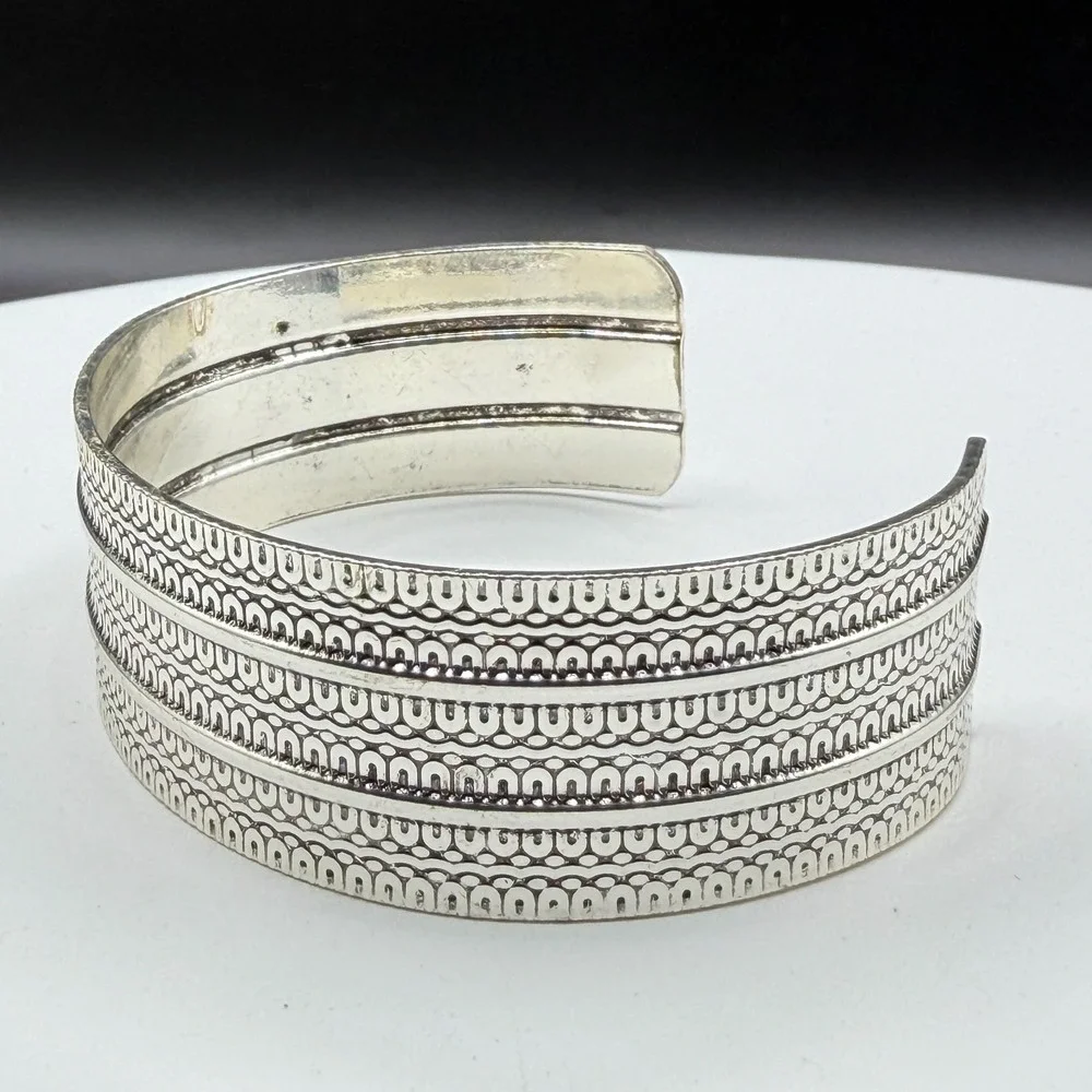 Silver Tone Wide Etched Cuff Bracelet Tribal Boho Textured Statement Jewelry